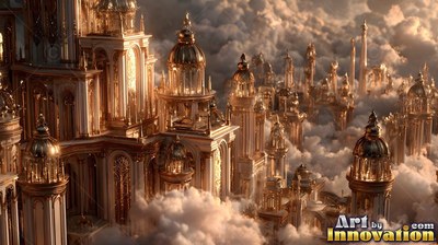 A bright golden palace rises from fluffy clouds under warm sunlight