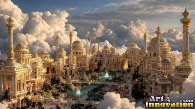 Wide view of a golden palace city surrounded by fluffy white clouds