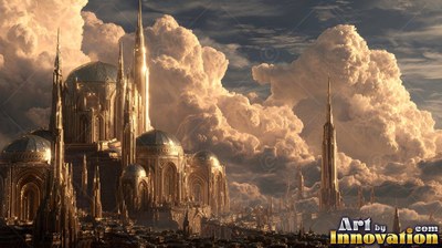 A shining golden palace with tall spires stands high above thick white clouds