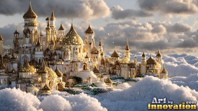 Above thick white clouds, a palace stands under sunlight