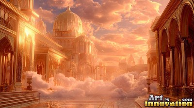 Resting above thick light clouds, a bright golden palace catches bright sunset light