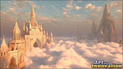 Pale gold towers and cathedrals rising over fluffy clouds