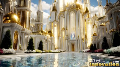 Golden domes top a white palace standing beside a clear pool under bright sunlight