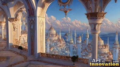 A palace balcony looks out over white spires and domes in warm morning sunlight