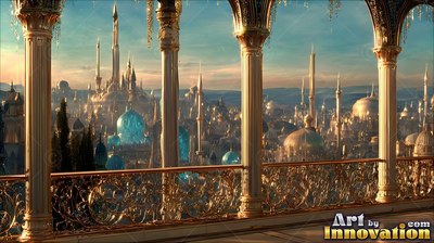 Seen from a high balcony, golden towers and blue domes fill a bright city below