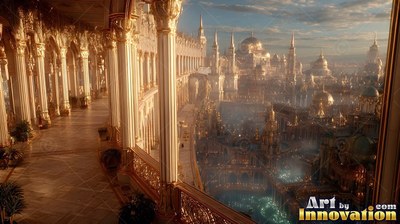 A palace balcony with tall pillars looks out over a sunny city of gold domes