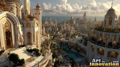 In a coastal valley, a white city has gold domes and arches by the sea