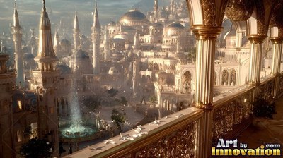 Looking out from a balcony, a golden city unfolds with white domes and spires