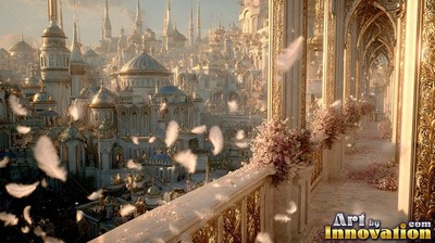 Golden city domes seen from a balcony with white feathers floating by
