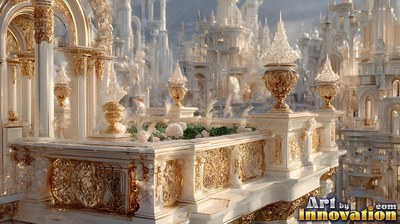 Carved gold railings line a marble balcony overlooking a white city in bright sunlight