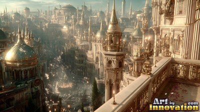 A city of spires and domes rises high, reflecting warm golden sunlight