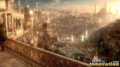 Viewed from a high balcony overlooking a vast golden city with spires in warm light