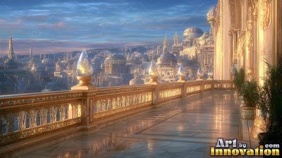 A palace balcony looks out across a golden city under a blue sky