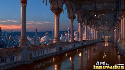 On an arched palace balcony, white city domes sit under a dusk sky