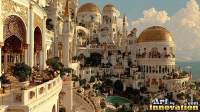 Rising into a bright sky, white palaces with gold domes sit above the clouds