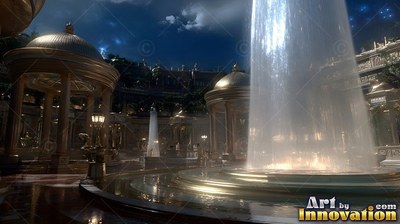 A tall water fountain in a gold plaza at night under dark clouds