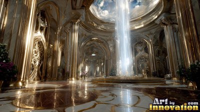 Fluted gold columns stand along a marble hall where bright sunlight pours from a dome