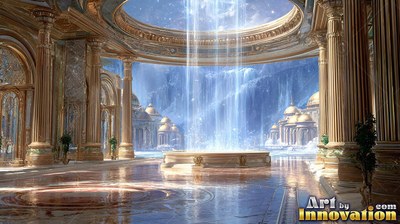 A circular gold palace hall surrounds a falling wall of water lit by blue sky