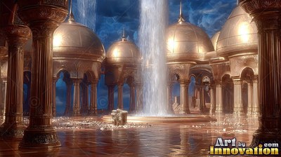 Seen from ground level, a gold palace courtyard holds a tall water fountain