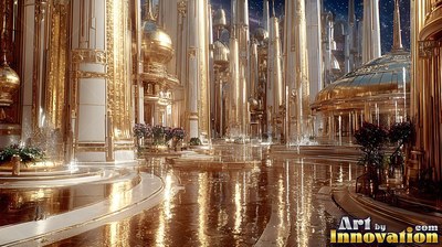 Tall white and gold towers rise over shiny wet streets in a fantasy city