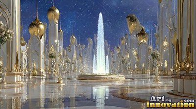 In a white marble courtyard under starry skies, a tall fountain sprays water