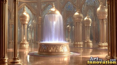 Pouring bright water, a golden dome fountain stands in a palace hall with pillars