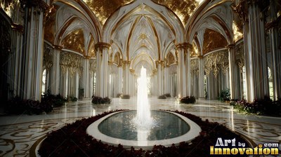A white and gold palace hall with a fountain in the center pool