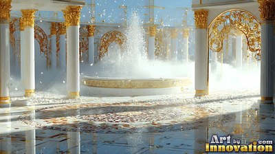 A spouting water fountain sits on a marble courtyard with white and gold pillars under sunlight