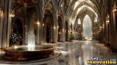 A grand hall opens around a circular fountain with soft white light on the marble floor