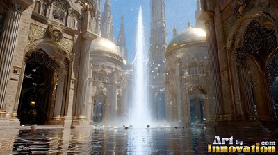 Facing forward, a tall fountain sprays water inside a gold palace courtyard