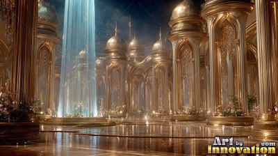 A bright beam of blue light shines down into a palace hall with tall domes