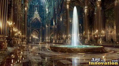 In a gold cathedral hall, a tall fountain shoots bright water