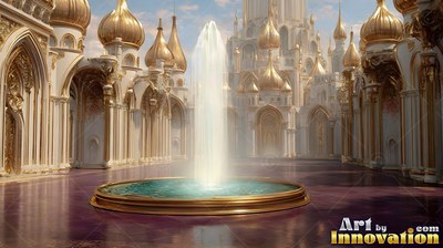 Spraying into the air, a central fountain rises before white palaces with gold domes