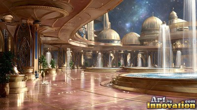 Fountains and gold domes inside a palace terrace under stars
