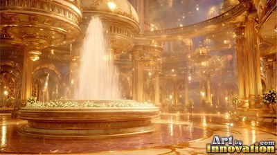 A tall spray of white water rises from a wide fountain inside a grand palace
