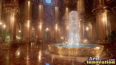 A fountain sprays water inside a golden hall lit by warm chandeliers
