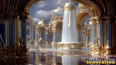 Low angle of a gold city with a fountain under stormy clouds