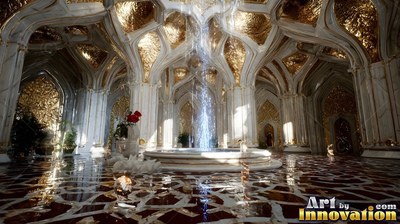 A marble hall with gold ceilings and a blue water fountain in the center
