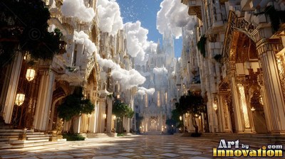 In a sunlit white courtyard, tall golden palaces stand under fluffy clouds