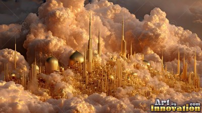 Rising through fluffy clouds, a golden city has tall spires and round domes