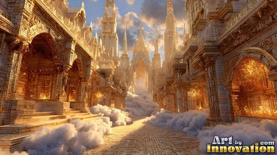 A golden stone city street filled with bright white clouds under sunlight