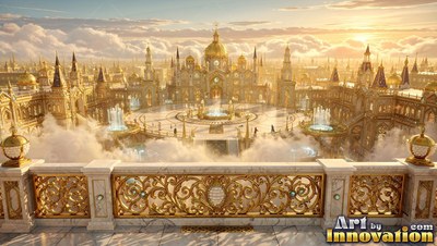 Carved gold railings overlook a shining golden palace plaza above pale clouds at sunrise