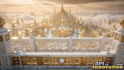 A golden palace stands beyond a carved marble balcony under warm sunlight