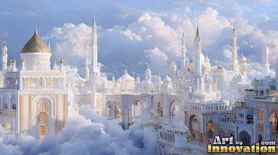 Seen from above, a white palace with golden domes rises out of soft clouds