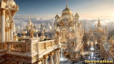 A grand white palace with golden domes rises high over thick clouds