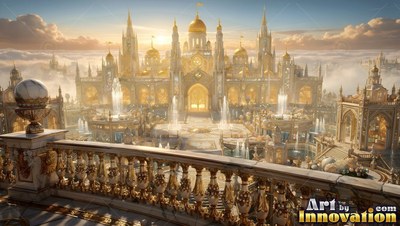 Above the light clouds, a golden palace sits with fountains under daylight