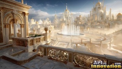 Spraying water high, a large fountain sits in a white palace courtyard above clouds