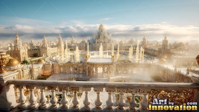 A white and gold palace with fountains seen from a high balcony