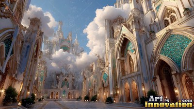 White arches with turquoise tiles line a bright golden palace under fluffy clouds