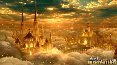 A golden palace rises above fluffy clouds under warm orange sunlight